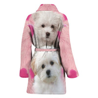 Maltese On Pink Print Women's Bath Robe-Free Shipping - Deruj.com