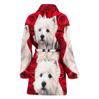 West Highland White Terrier On Rose Print Women's Bath Robe-Free Shipping - Deruj.com
