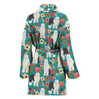 Old English Sheepdog Floral Print Women's Bath Robe-Free Shipping - Deruj.com