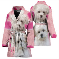 Maltese On Pink Print Women's Bath Robe-Free Shipping - Deruj.com