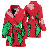 Fish Print On Red Women's Bath Robe-Free Shipping - Deruj.com