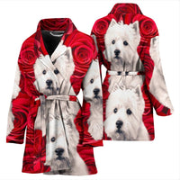 West Highland White Terrier On Rose Print Women's Bath Robe-Free Shipping - Deruj.com