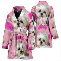 Shih Tzu On Pink Print Women's Bath Robe-Free Shipping - Deruj.com