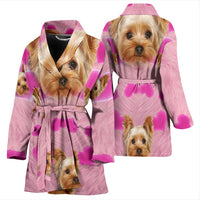 Yorkie On Pink Print Women's Bath Robe-Free Shipping - Deruj.com